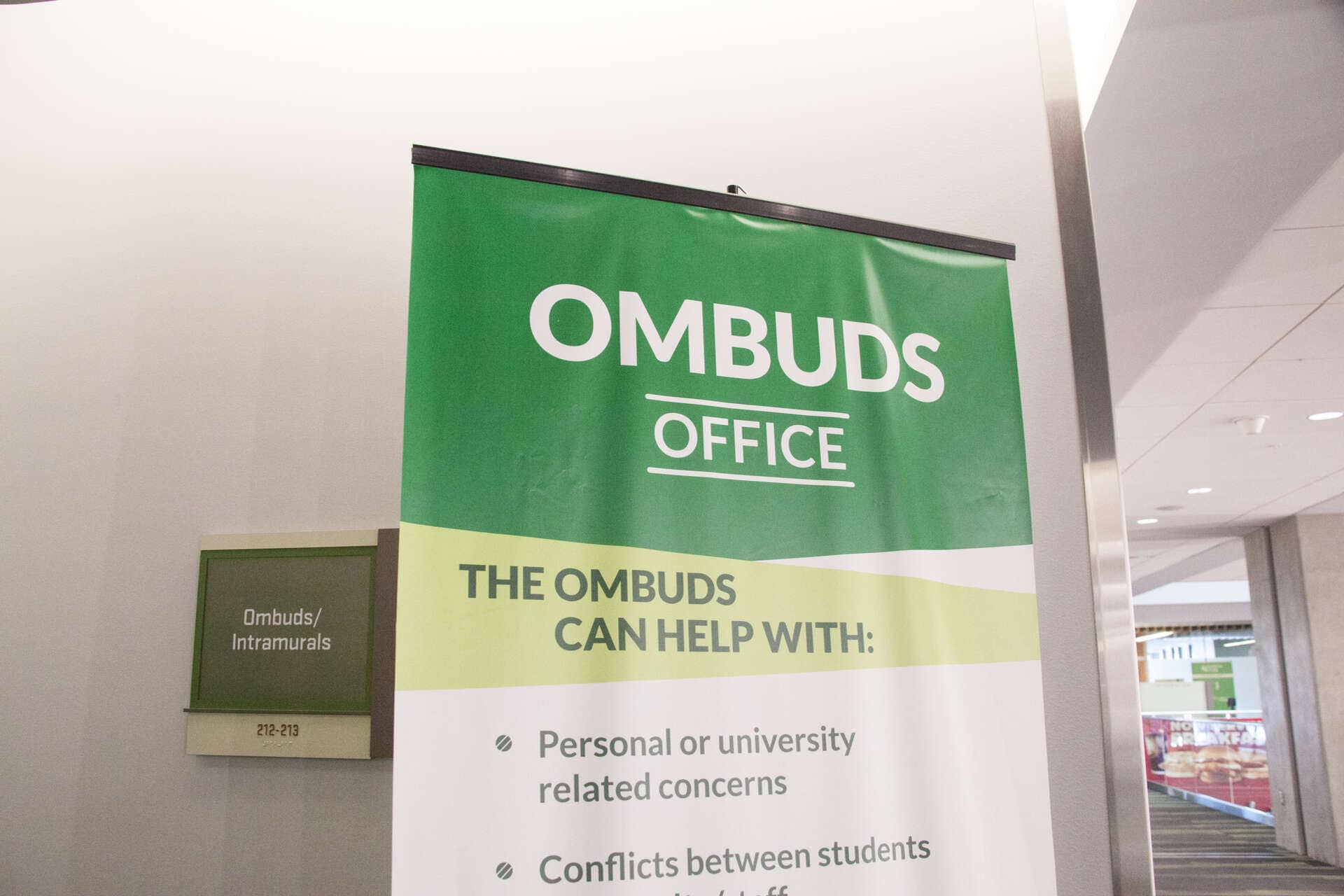 Ombuds office sign at UVU showcasing the student support center for personal, university-related concerns, conflicts, and student services.