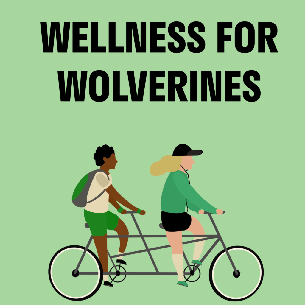 COVER ART: Two students ride by on a tandem bike. Overhead, text reads "Wellness for Wolverines"