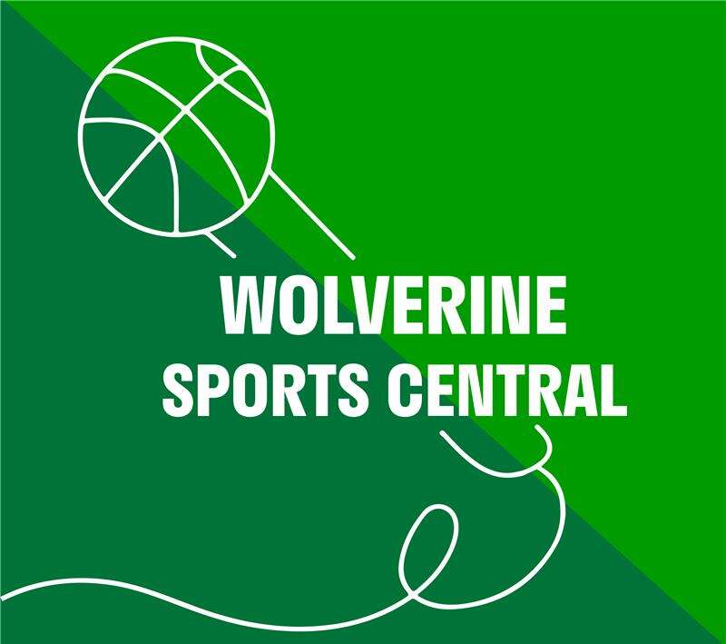 Cover Art: a microphone made out of a basketball with the text "Wolverine Sports Central" is overlayed a two-tone green background