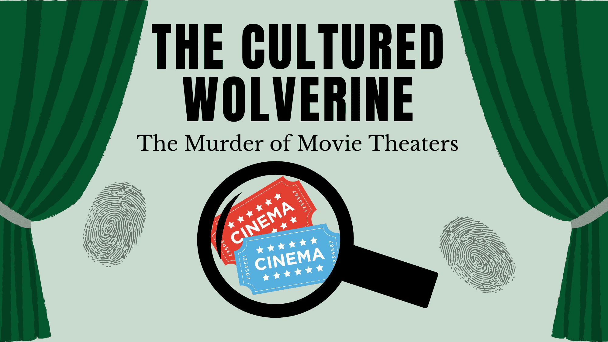 Suspicious magnifying glass inspecting movie tickets with green theater curtains, highlighting the UVU Review's focus on campus activities and investigative journalism related to movie theaters.