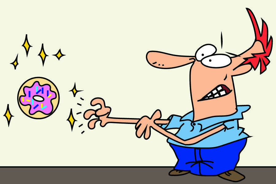 An animated man uses one hand to keep his other hand from reaching a donut.