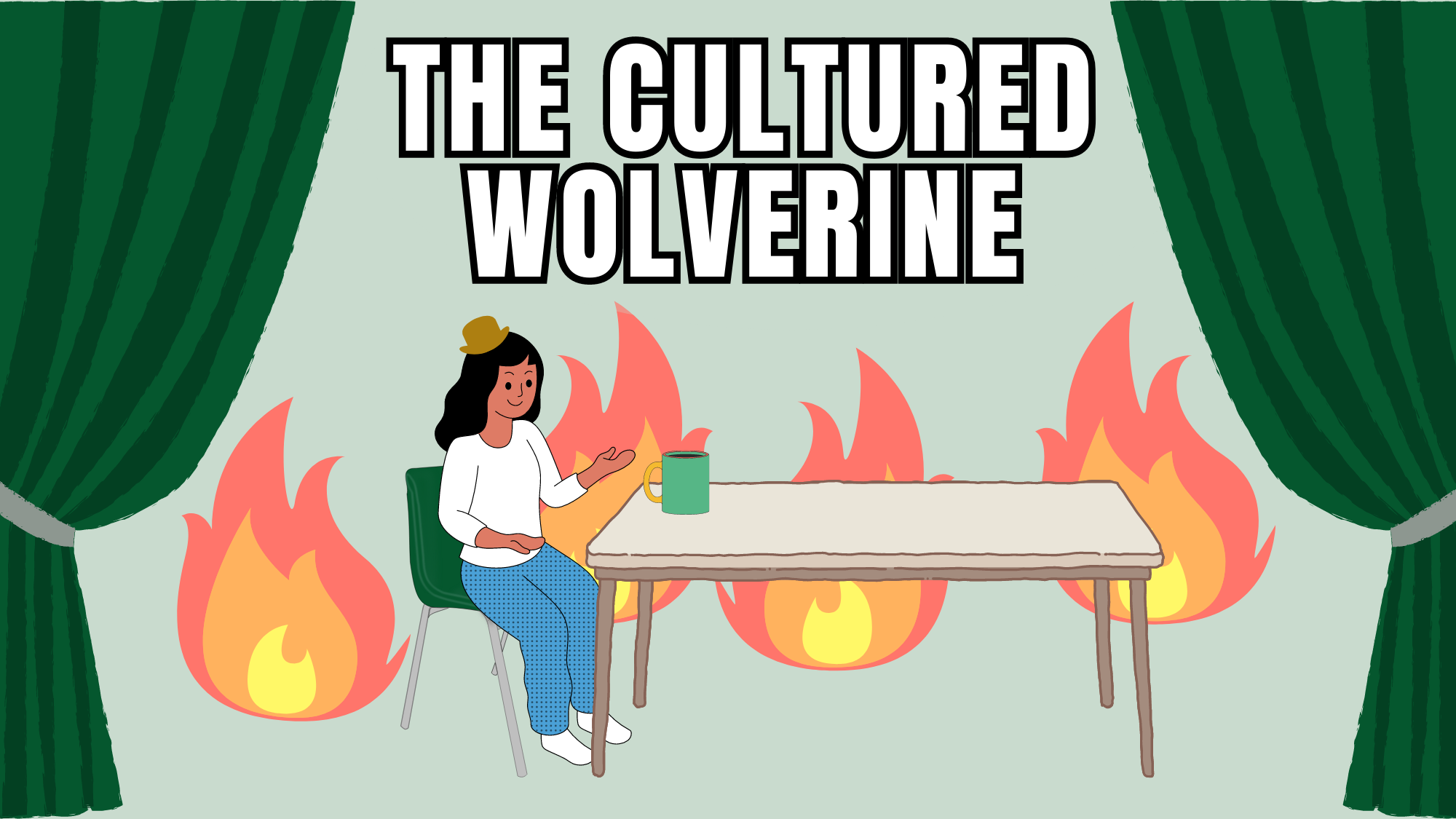 A recreation of the "this is fine" meme, featuring a person sitting at a dining table with a mug, surrounded by flames