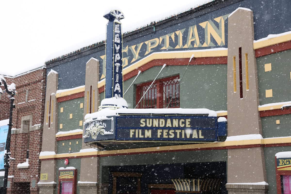 Sundance Film Festival marquee on historic Egyptian Theatre in snow, celebrating the iconic Utah-based film festival and local arts community.